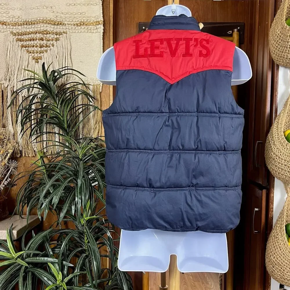 Levis Puffer Vest Youth M Sherpa Collar Logo Back Fits Womens XS Navy Red Warm